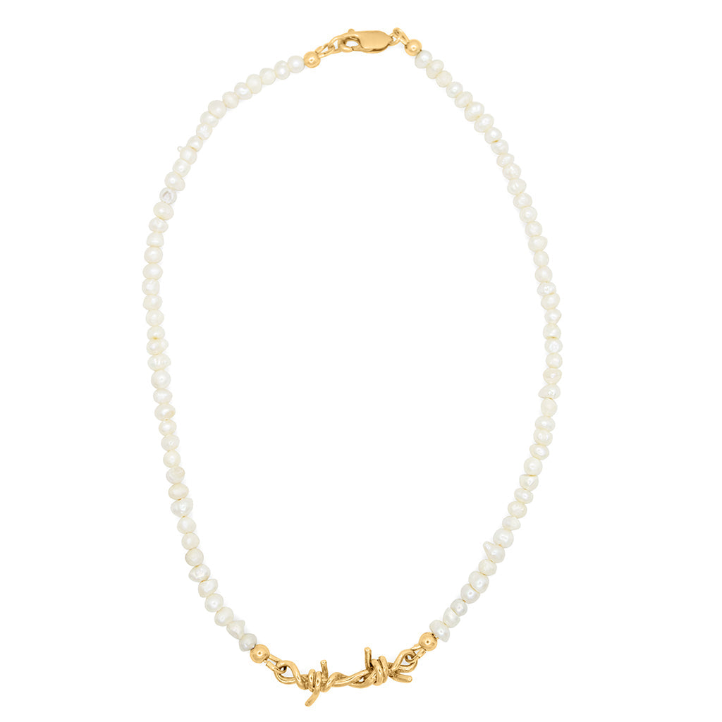 BARBED WIRE PEARL NECKLACE GOLD